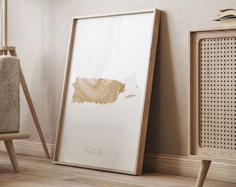 Puerto Rico Map Beige & Gold Wall Art Print