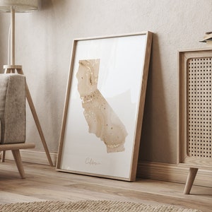 Carte de la Californie beige et or impression d'art mural | État américain | Etats-Unis | États-Unis d'Amérique