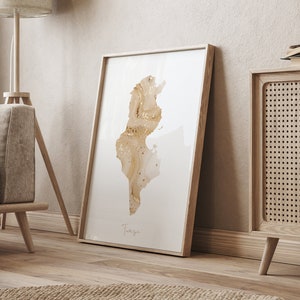 Beige en gouden muurkunst print Tunesië kaart