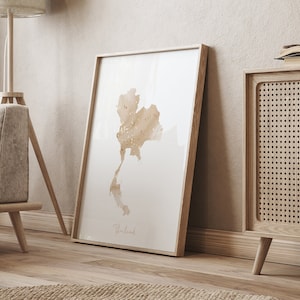 Thailand Map Beige und Gold Wand Kunst Druck