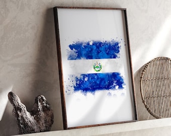 El Salvador Watercolor Flag Wall Art Print | El Salvador Travel Poster