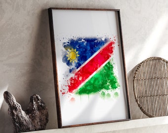 Impresión de arte mural con la bandera de Namibia en acuarela / Póster de viaje a Namibia