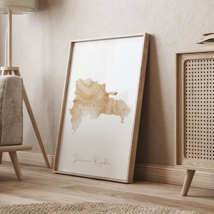 May include: A framed print of a watercolour map of the Dominican Republic in shades of brown and gold with the text "Dominican Republic" at the bottom.