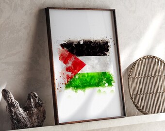 Impressão de arte de parede da bandeira da aquarela da Palestina | Cartaz de viagem da Palestina