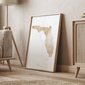 Beige en gouden muurkunst print Florida kaart | Amerikaanse staat | VS | Verenigde Staten van Amerika