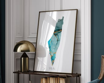Palestine Map Shades of Blue & Green With Gold Wall Art Print