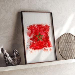 Impression d'art mural drapeau aquarelle du Maroc | Poster de voyage au Maroc | Art marocain