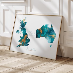 Carte personnalisée turquoise et or pour deux pays, impression d'art mural de voyage vert | Cadeau pour couple | Cadeau de mariage |