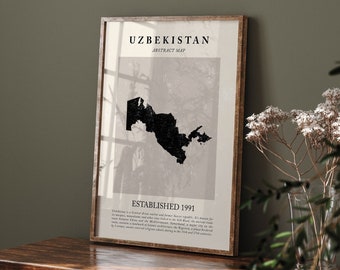 Stampa artistica da parete vintage con mappa astratta dell'Uzbekistan, poster di viaggio ispirato a Picasso + Matisse