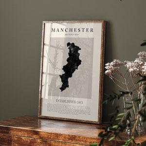 Abstrakte Manchester, Vereinigtes Königreich Karte Vintage Wand Kunst Druck Picasso + Matisse Inspiriert Reise Poster UK Großbritannien