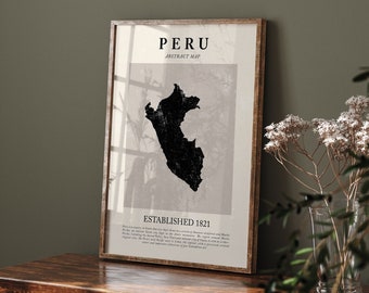 May include: A framed print of a black and white abstract map of Peru with the text "PERU ABSTRACT MAP ESTABLISHED 1821" printed below the map.