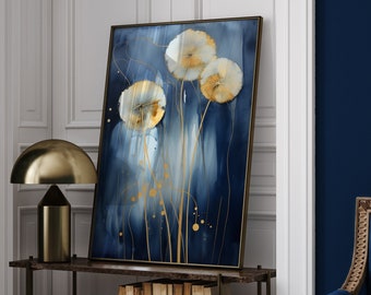 Dandelion Wall Art | Navy Blue & Gold Dandelions Wall Art Print
