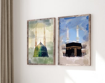 Set of 2 Holy Mosques Abstract Watercolour Islamic Wall Art Prints Masjid Nabwi And Masjid Al Haram