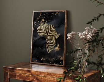 Afrika kaart vingerafdruk zwart-goud metallic goudfolie muurkunst print | Roots-cadeau