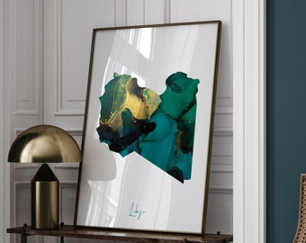 Libya Map Emerald Green and Gold Wall Art Print