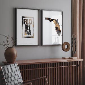 Set van 2 zwarte en gouden muurkunst Florida | Kaart Florida | Skyline Florida | Typografie Florida | Illinois | Verenigde Staten