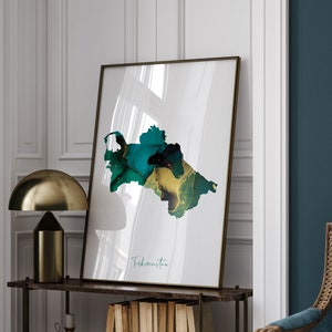 Turkmenistan Map Emerald Green and Gold Wall Art Print