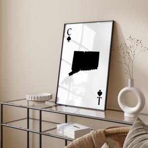 Carte du Connecticut inspirée des cartes à jouer, impression d'art mural | Minimaliste noir et blanc | Monochrome | État américain | États-Unis d'Amérique | Etats-Unis