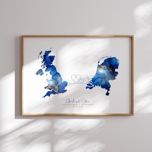 Kaart van het Verenigd Koninkrijk en Nederland blauw en goud reizen muurkunst print | Verenigd Koninkrijk | Cadeau voor op reis verhuizen