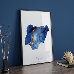 Nigeria Map Blau und Gold Wand Kunst Druck