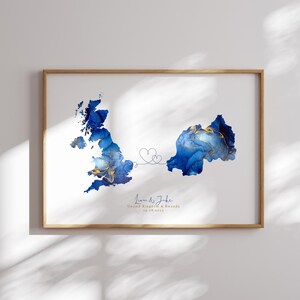 Großbritannien und Ruanda Karte Blau & Gold Reise Wand Kunst Druck | Vereinigtes Königreich | Reisen Umzug Geschenk