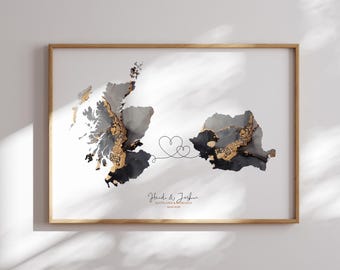 Impresión de arte mural de viaje con mapa de Escocia y Rumanía en negro y dorado / Escocia / Regalo para mudanzas