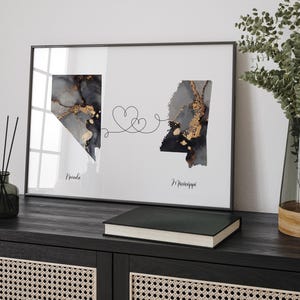 Nevada und Mississippi Karte Schwarz & Gold Reise Wand Kunst Druck | Nevada | Reisen Umzug Geschenk
