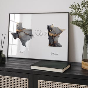 Texas and Minnesota Map Black & Gold Travel Wall Art Print | Texas | Travel Moving Home Gift