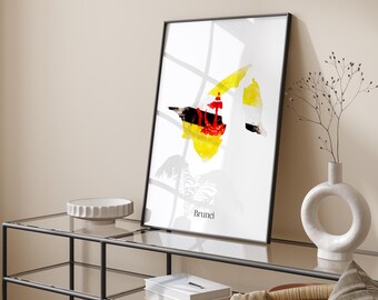 Brunei Watercolour Flag Map Wall Art Print | Brunei Travel Poster
