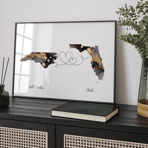 Kaart van Noord-Carolina en Florida zwart en goud reizen muurkunst print | Noord-Carolina | Cadeau voor op reis verhuizen
