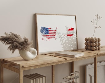 Impresión artística de pared con mapa de la bandera de acuarela de EE. UU. a Austria / Regalo conmovedor de aniversario de Estados Unidos de América a Austria