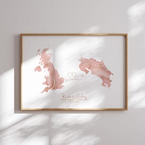 Großbritannien und Costa Rica Karte Pink & Gold Reise Wand Kunst Druck | Vereinigtes Königreich | Reisen Umzug Geschenk