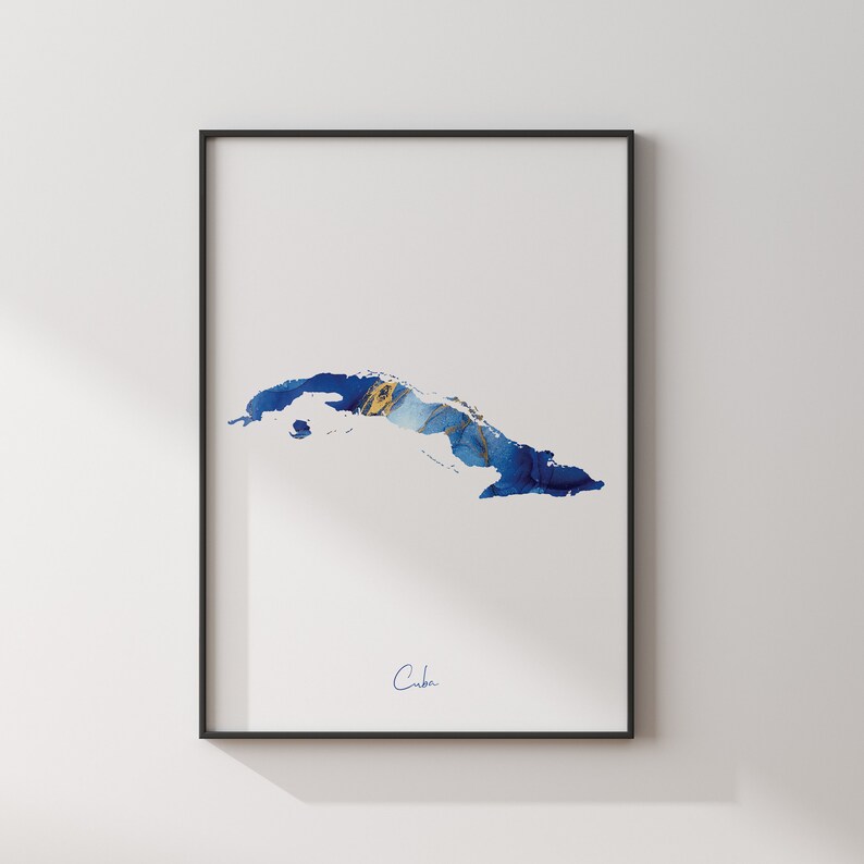 Cuba Map Blue and Gold Wall Art Print - Etsy Canada