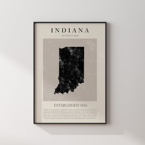 Carte de l'Indiana abstraite, impression d'art mural vintage État américain | États-Unis d'Amérique | Affiche de voyage aux États-Unis