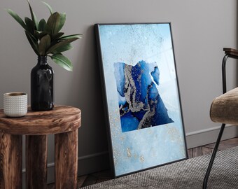 Egypt Map Shades of Blue & Silver Wall Art Print