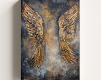 Black and Gold Angel Wings Canvas Wall Art | Textured Abstract Feather Decor
