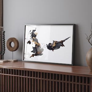 Impresión de arte mural de viaje en negro y dorado con el mapa de Gran Bretaña y Chipre / Reino Unido / Reino Unido