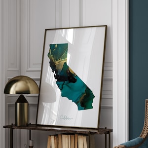 Carte de la Californie, impression d'art mural vert émeraude et or | État américain | Etats-Unis | États-Unis d'Amérique