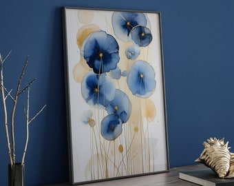 Pintura de diente de león en acuarela para pared / Impresión de arte de pared con dientes de león en azul marino y dorado