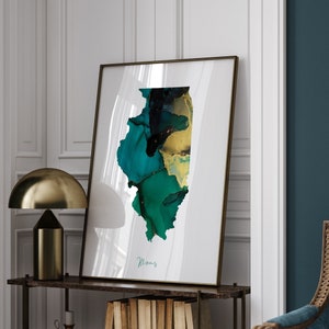 Carte de l'Illinois, impression d'art mural vert émeraude et or | État américain | Etats-Unis | États-Unis d'Amérique