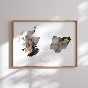 Impression d'art mural de voyage noir et or carte de l'Ecosse et du Nigeria | Écosse | Cadeau déménagement