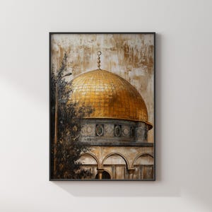 May include: A painting of a golden dome with intricate details, set against a textured background. The dome is part of a larger building with arches and columns, suggesting a mosque or religious structure.