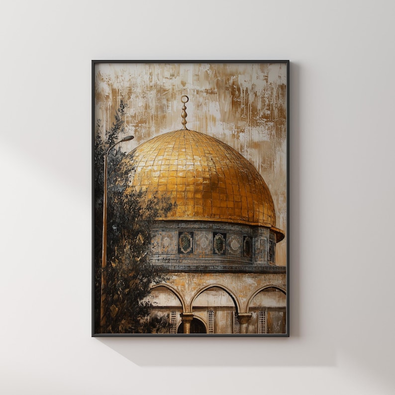 May include: A painting of a golden dome with intricate details, set against a textured background. The dome is part of a larger building with arches and columns, suggesting a mosque or religious structure.