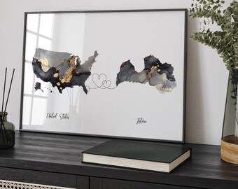 May include: A black and white map print with gold accents showing the United States and Latvia connected by a line with hearts. The text "United States" and "Latvia" is below each map.