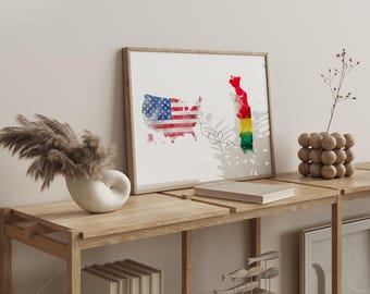 US to Togo Watercolour Flag Map Wall Art Print | United State of America to Togo Anniversary Moving Gift