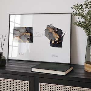 Carte du Colorado et du Wisconsin, impression d'art mural de voyage noir et or | Colorado | Cadeau déménagement