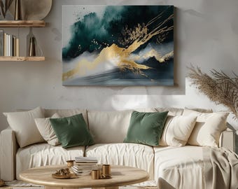 Lienzo abstracto con olas en verde esmeralda y dorado para pared / Decoración inspirada en la naturaleza