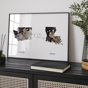 Kaart van Washington en Louisiana zwart en goud reizen Wall Art Print | Washington | Cadeau voor op reis verhuizen