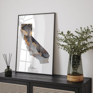 Stampa artistica da parete con mappa della California, in nero e oro, stato degli Stati Uniti