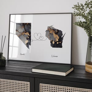 Carte du Nevada et du Wisconsin, impression d'art mural de voyage noir et or | Névada | Cadeau déménagement